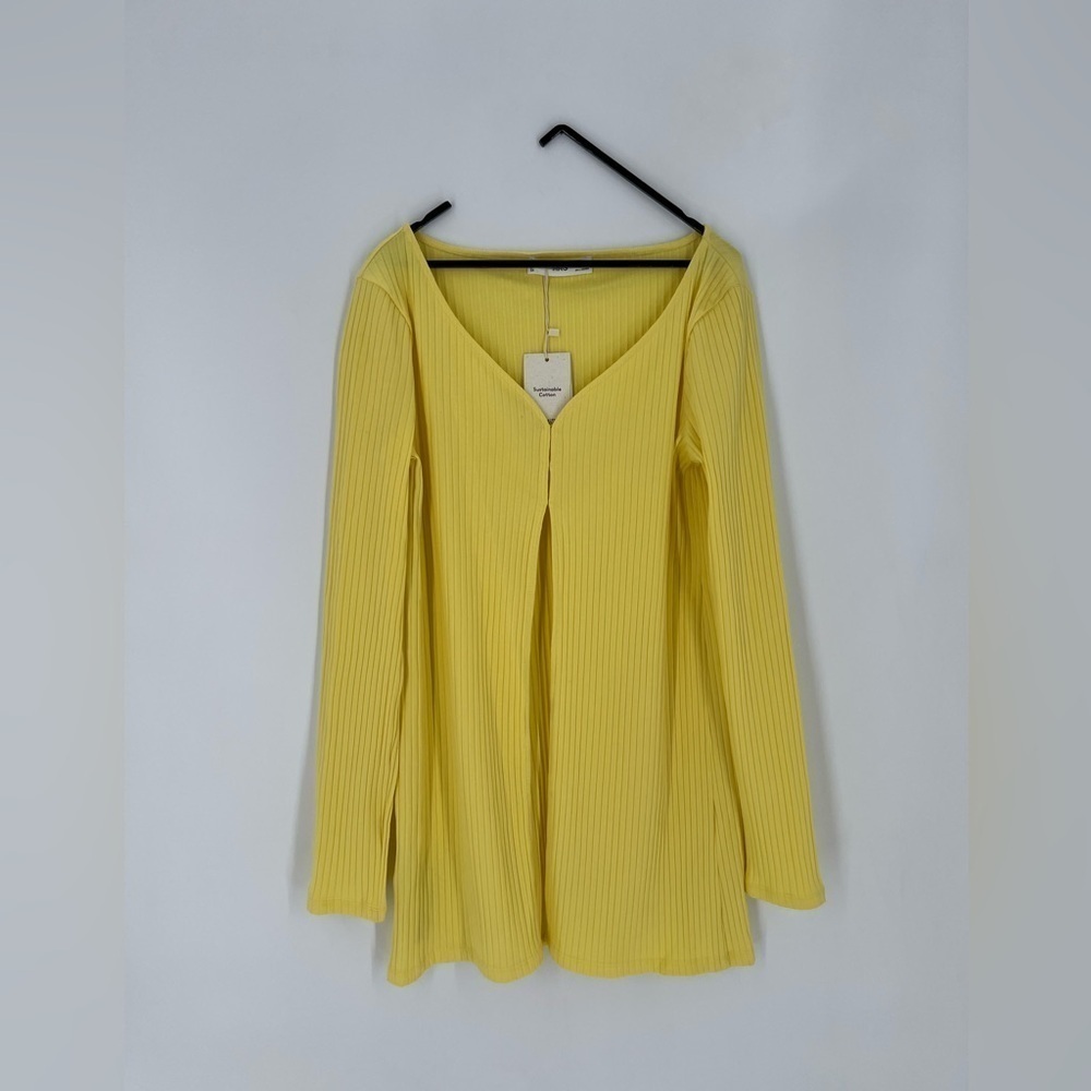 MNG Mango Ribbed Knit Open Front Bottom Slit Cardigan
